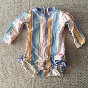 Ruffle Butt Rainbow Lane Vertical Stripe Long Sleeve Swimsuit 6-12 Months